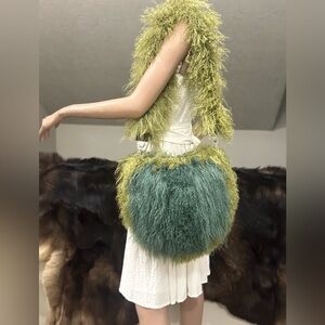 Handmade Real Mongolian Lamb Fur Extra Large Soft Side Hobo Bag, With 2 Straps